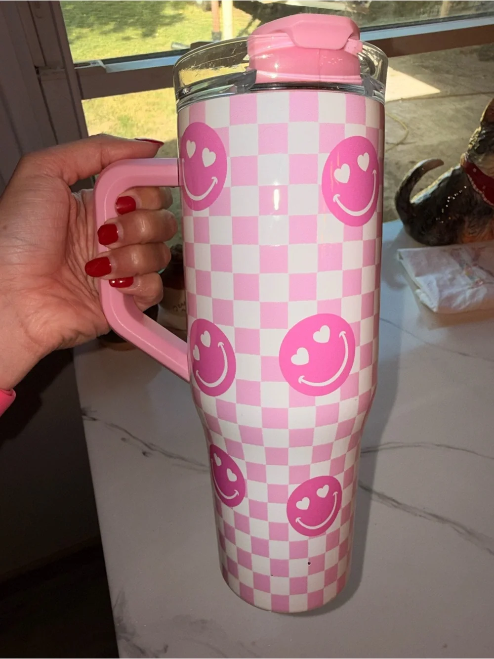 Hobby Lobby Pink Checkerboard Smile Face Travel Tumbler with Handle